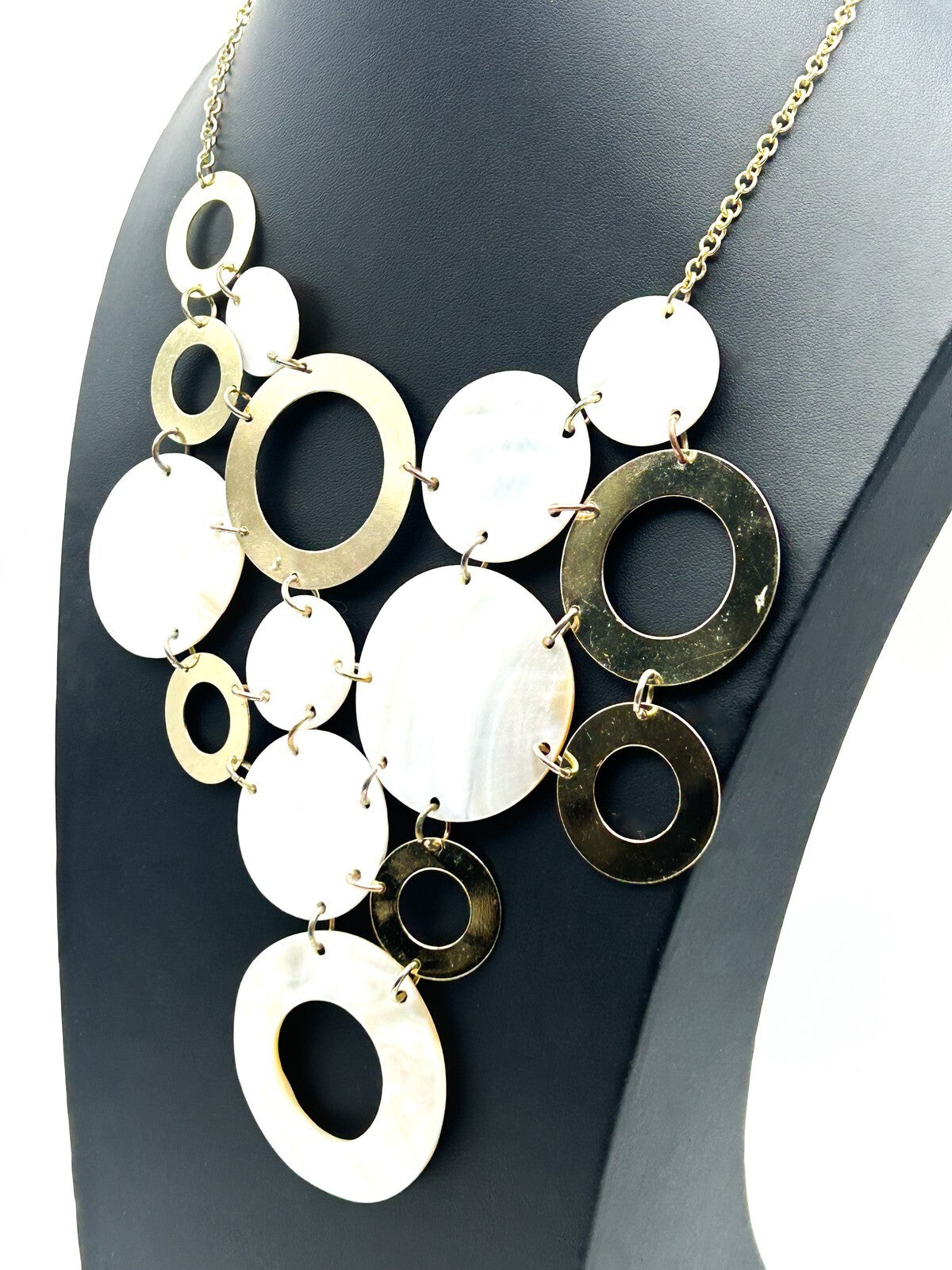 Y2K Gold Tone Statement Necklace Mother of Pearl Disc Hoop Bib Chunky 90s 2000s