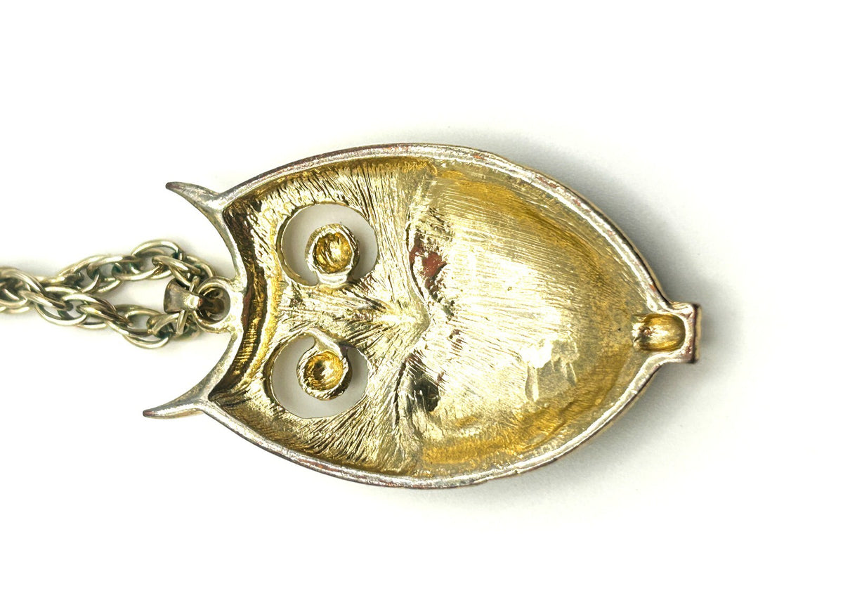 Gold Tone Owl Pendant Necklace with Brown Shimmer Enamel Belly
