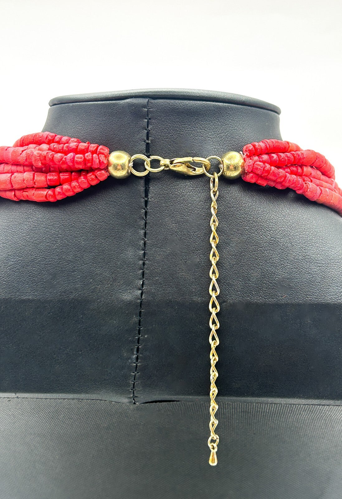 Red Dyed Organic Multi Strand Heishi Disc Beaded Necklace with Gold Tone Clasp