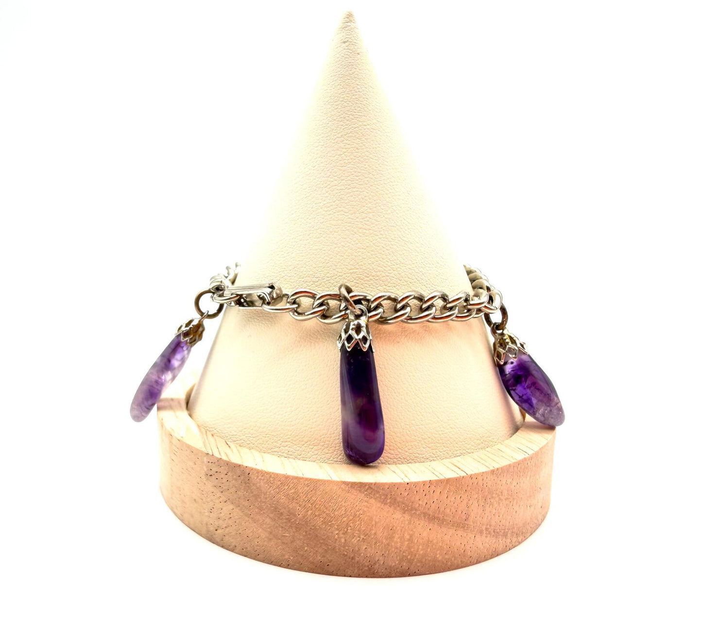 Vintage Amethyst Drop Bracelet Gemstone Charm Bracelet Purple Stone Silver Tone