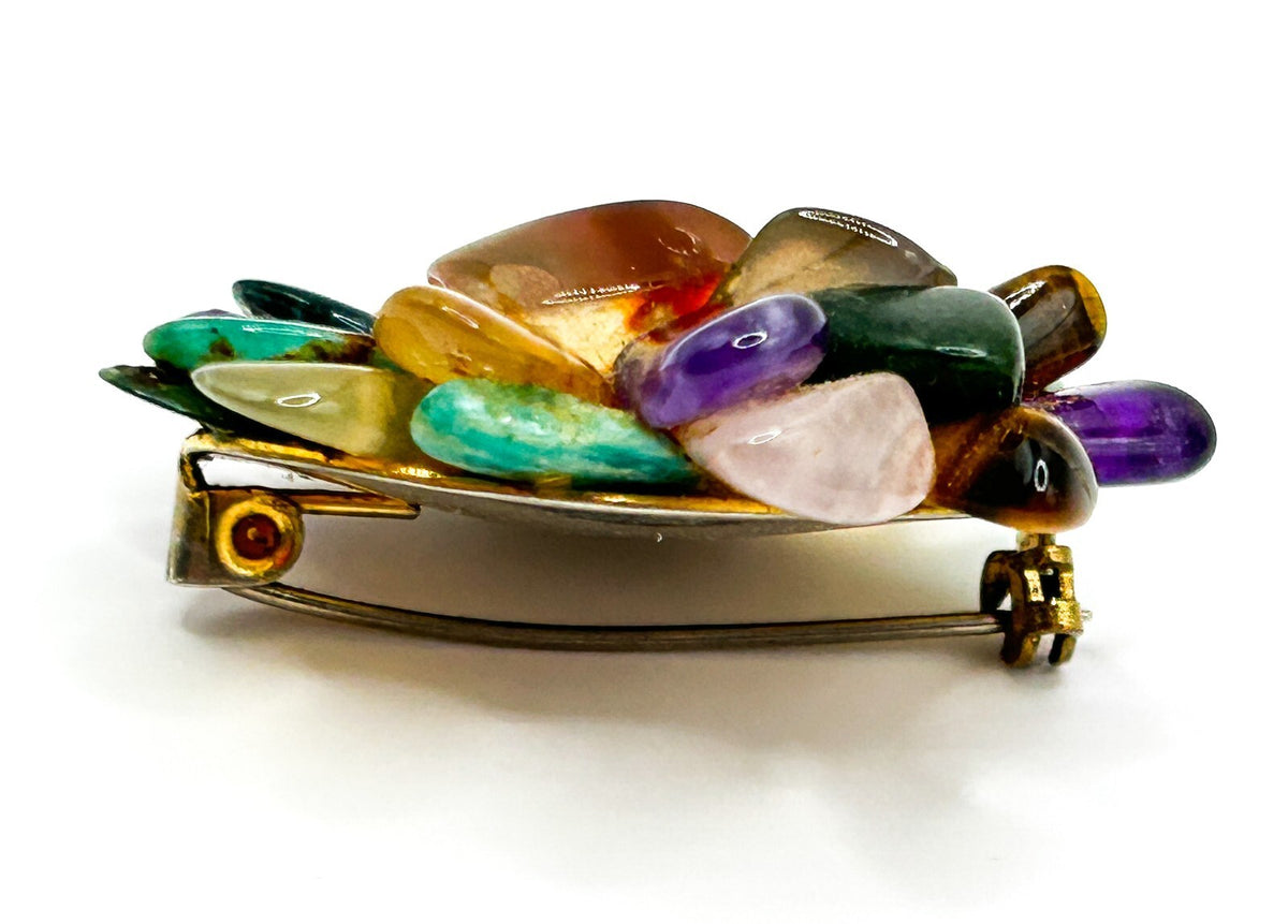 Vintage Semi Precious Gemstone Cluster Brooch Amethyst Carnelian Tigers Eye