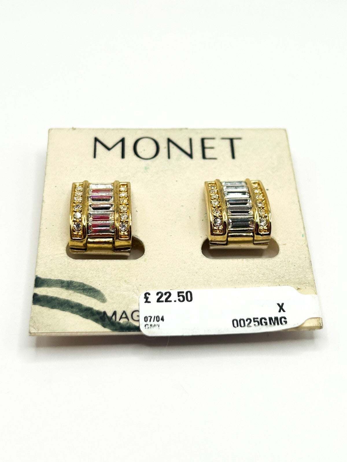 Vintage Monet Gold Tone Baguette Rhinestone Magnetic Earrings Original Card