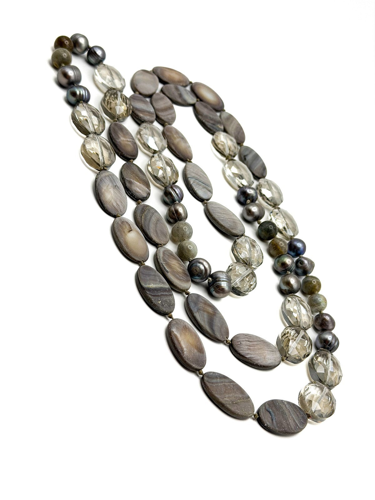 Vintage Hand-Knotted Grey Mother of Pearl, Tahitian Pearl & Glass Long Necklace