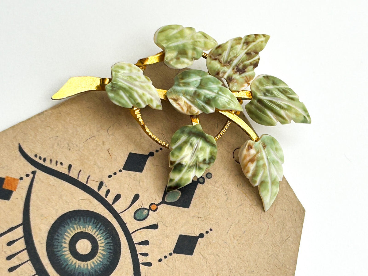 Vintage Shell Leaf Brooch Carved Green Gold Tone Floral Pin