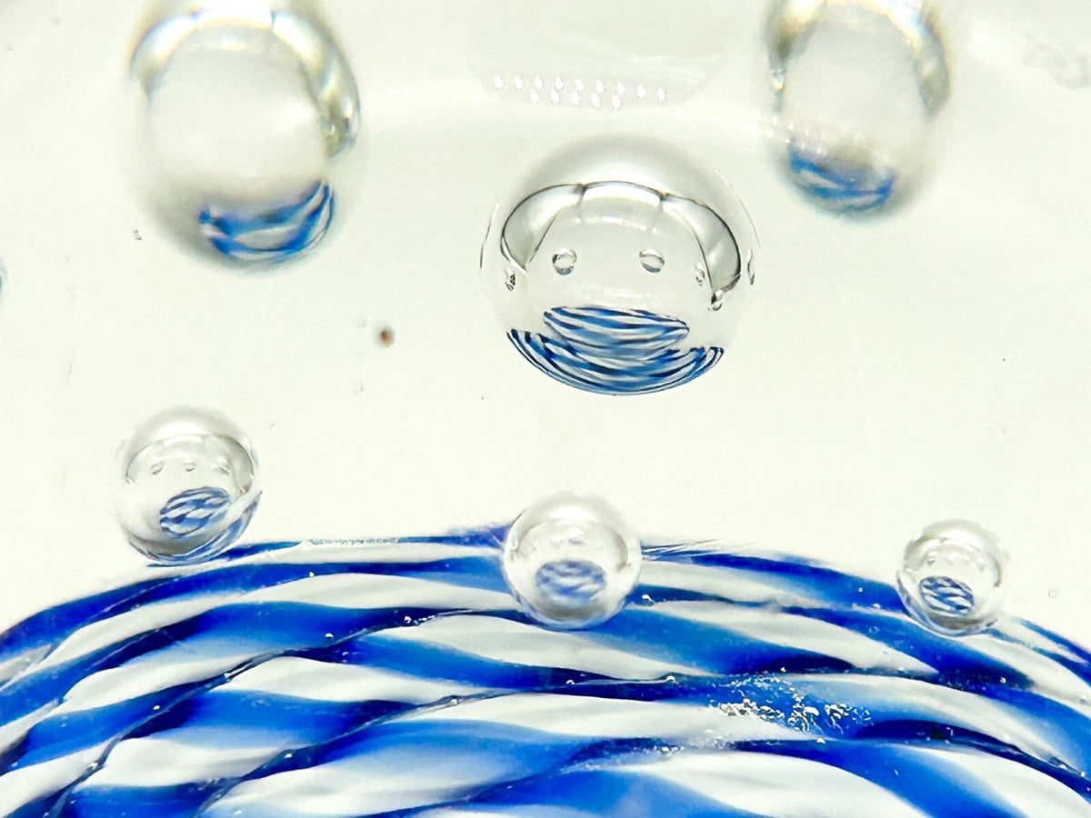 Vintage Blue White Stripes Bubbles Art Glass Paperweight Dome Controlled Bubbles