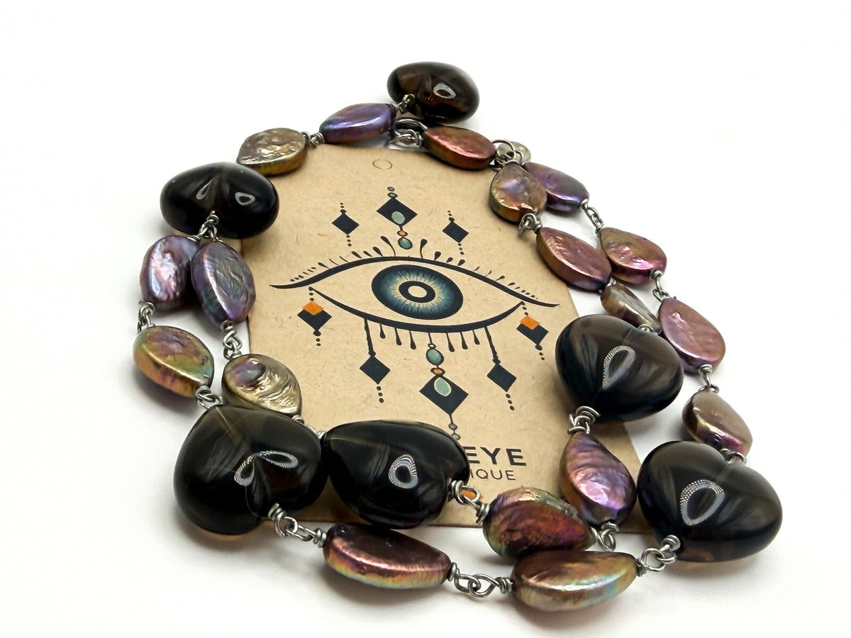 ETNIKA Iridescent Purple Keshi Pearl & Glass Heart Lariat Necklace