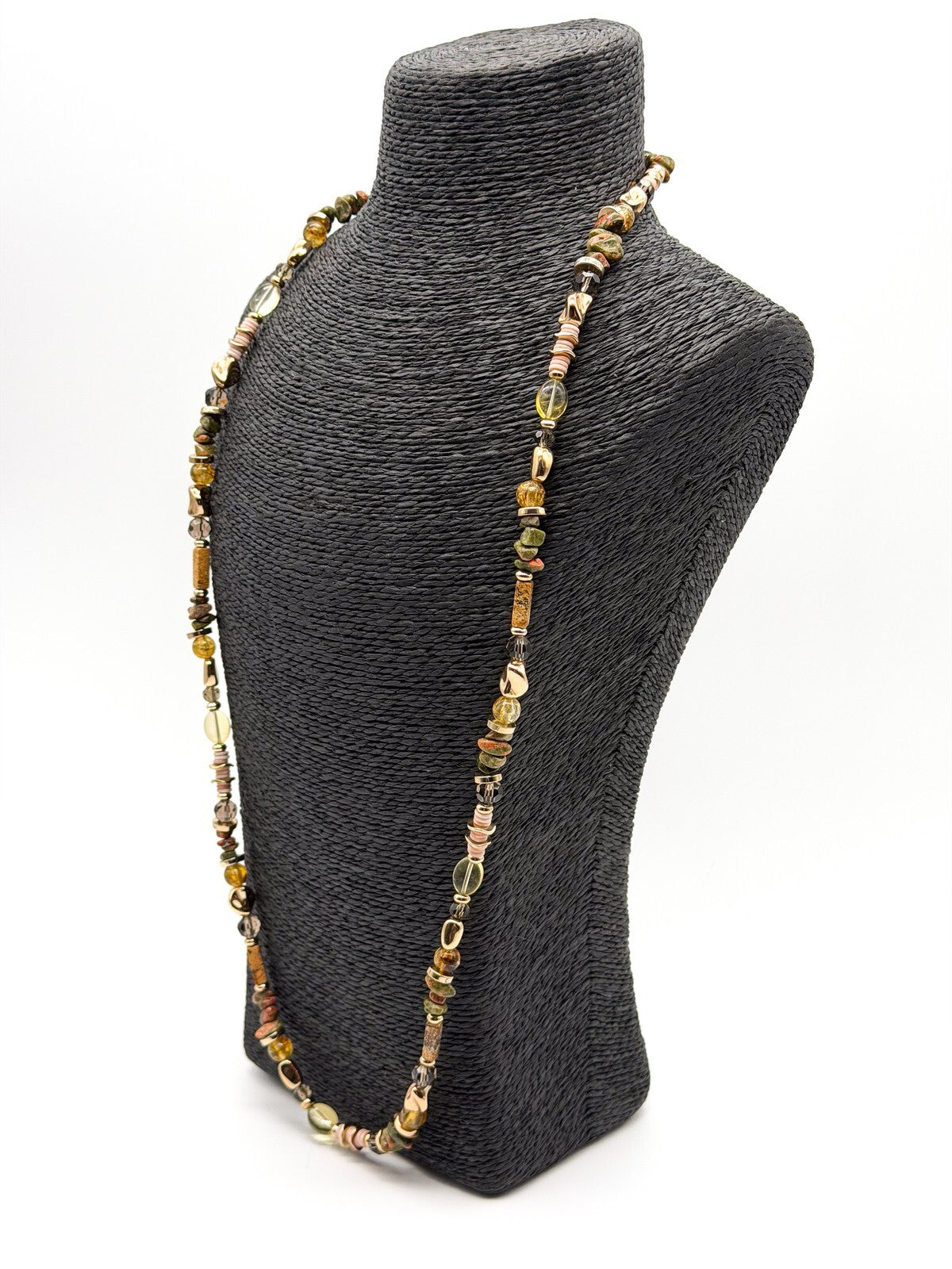M&S Long Beaded Necklace Unakite Jasper Shell Multi Strand Earth Tone Statement