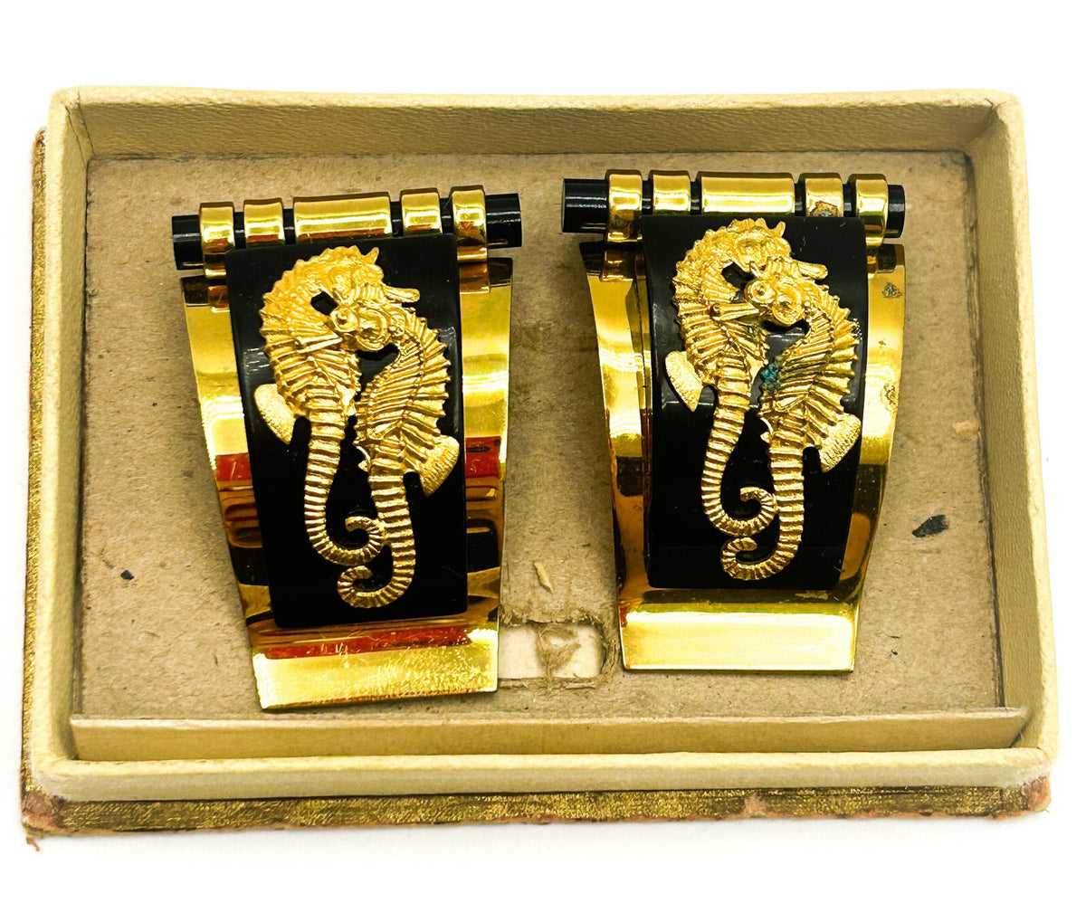 Vintage Shoe Dress Clips Art Deco Jean Painlevé Seahorse Black Gold Pair 1930s