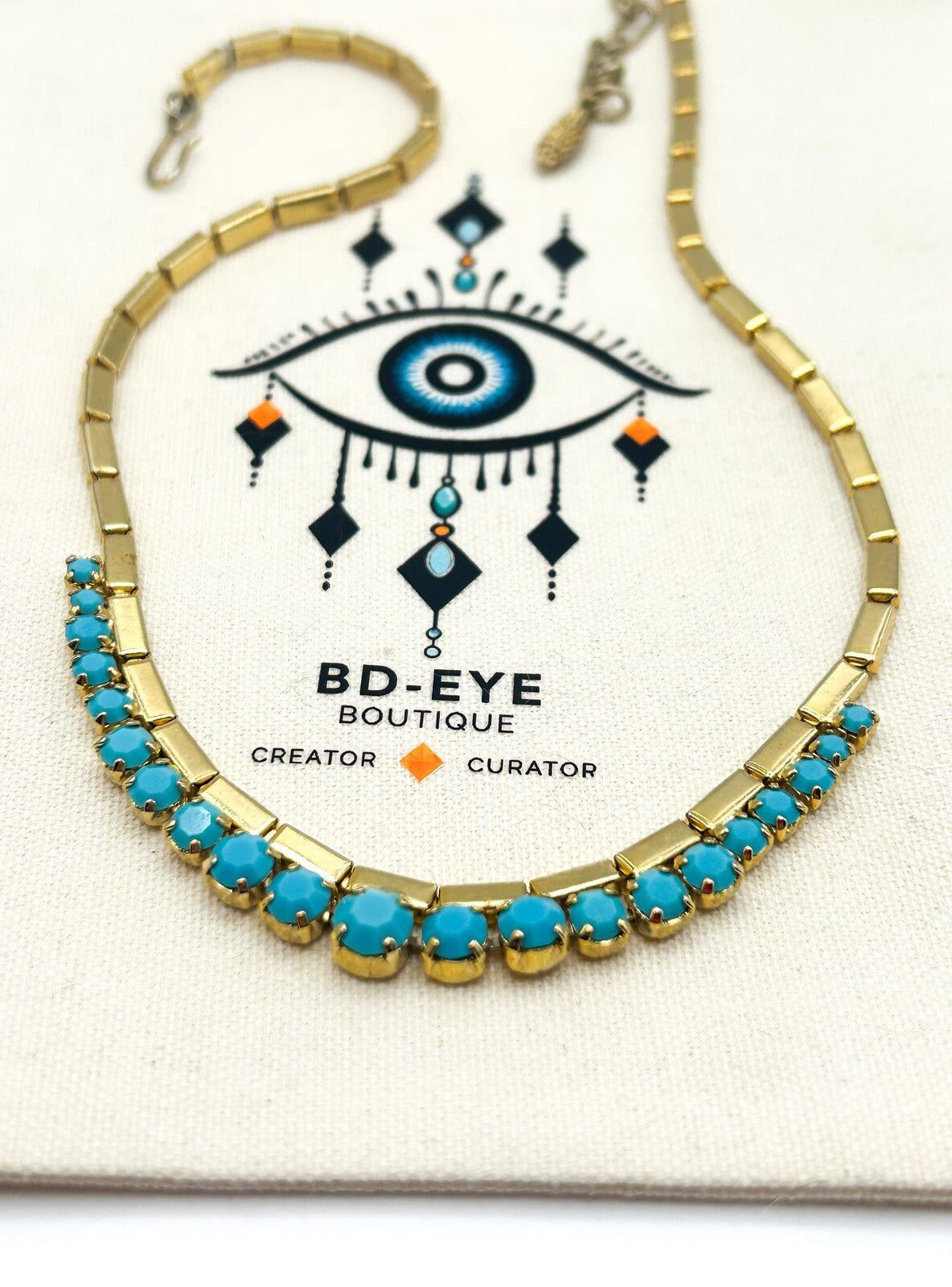 Vintage Pennino Gold Tone & Turquoise Glass Necklace