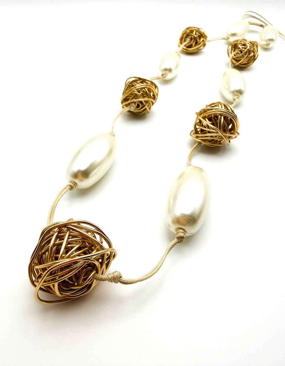 Chunky Oval Pearl & Gold Tone Hand-knotted Wire Wrapped Ball Adjustable Necklace