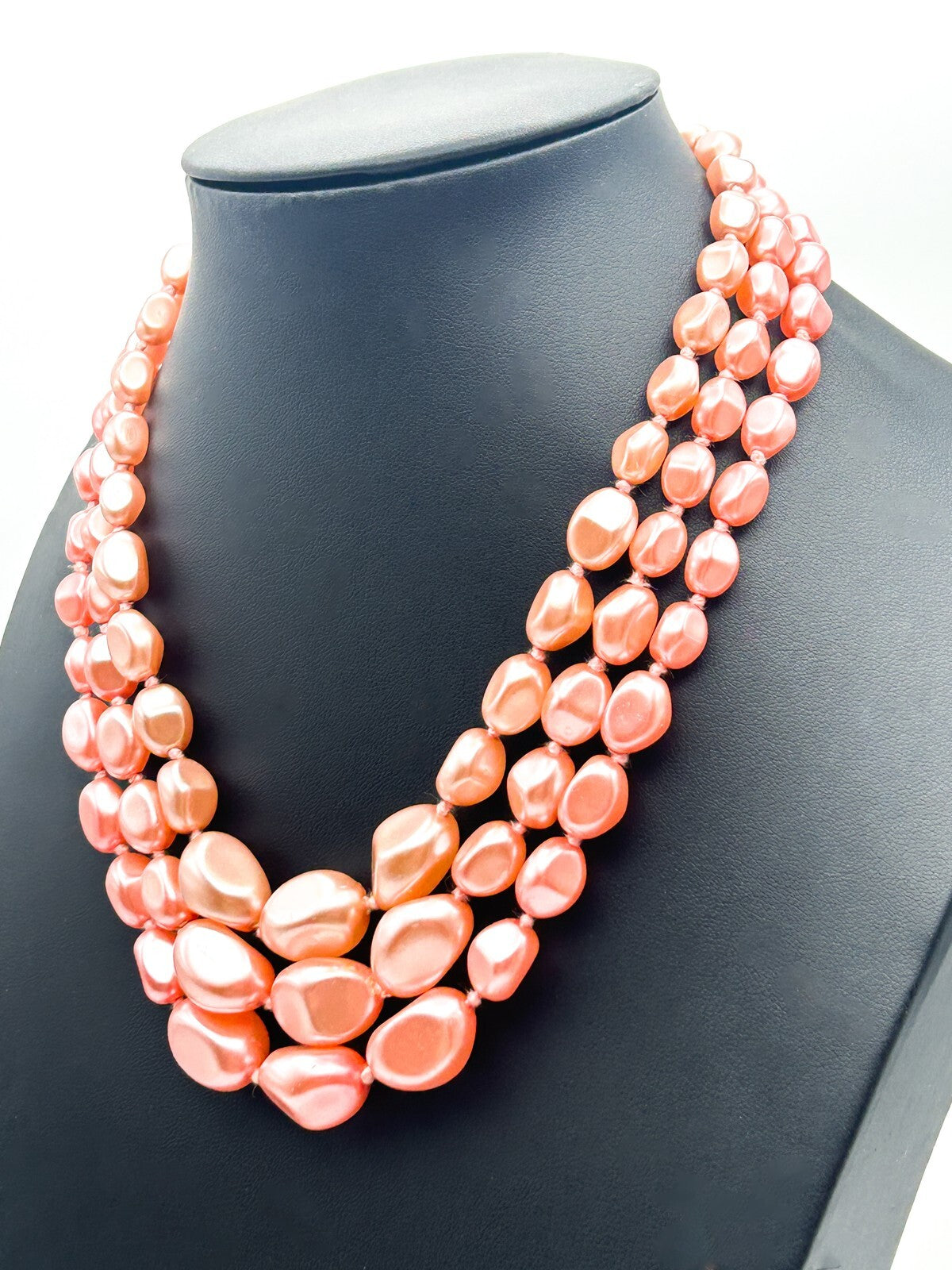 Pink Multi Strand Glass Bead Necklace Faux Pearl Graduated Retro Statement