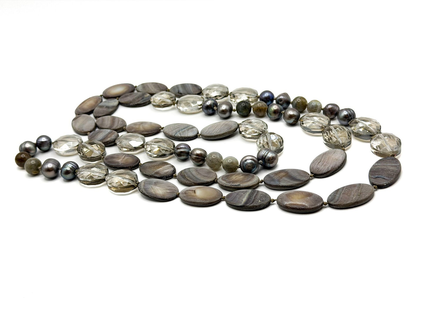 Vintage Hand-Knotted Grey Mother of Pearl, Tahitian Pearl & Glass Long Necklace