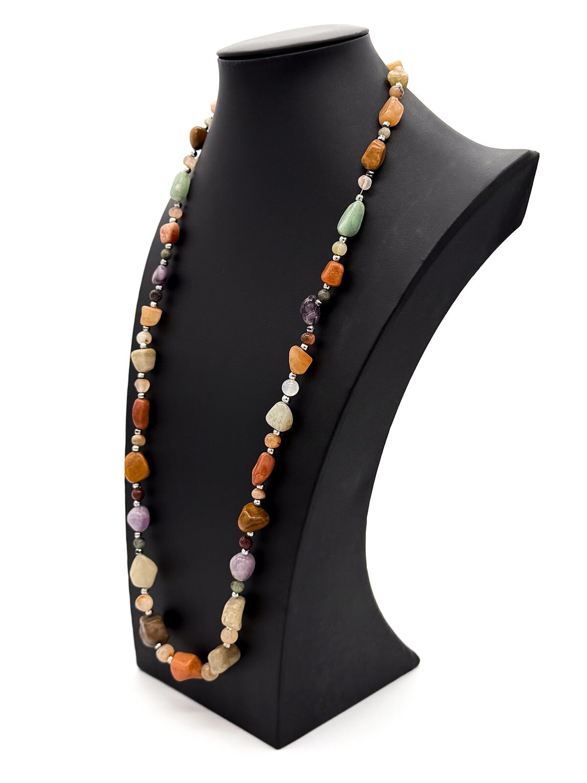 Vintage Mixed Gemstone Necklace Amethyst Citrine Jasper Quartz Nugget Strand 31”