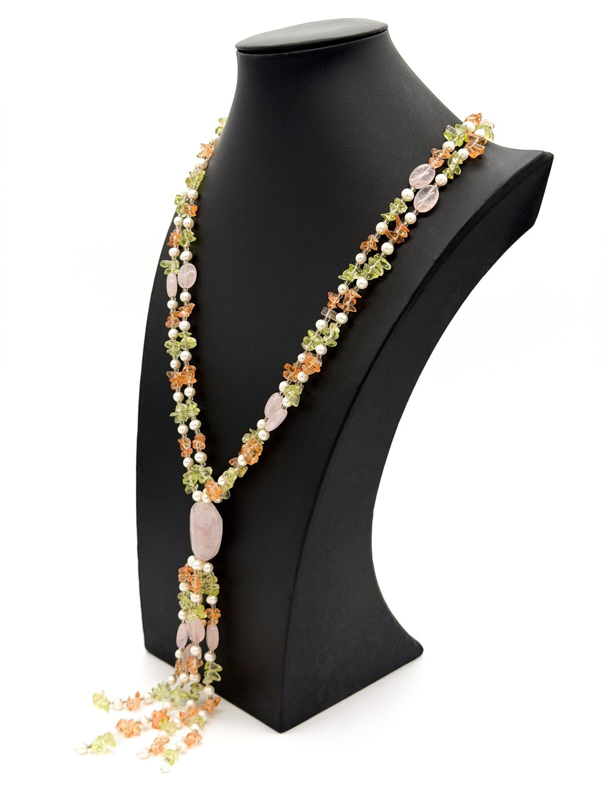 Rose Quartz & Genuine Pearl Multi Strand Statement Necklace Tassel Drop