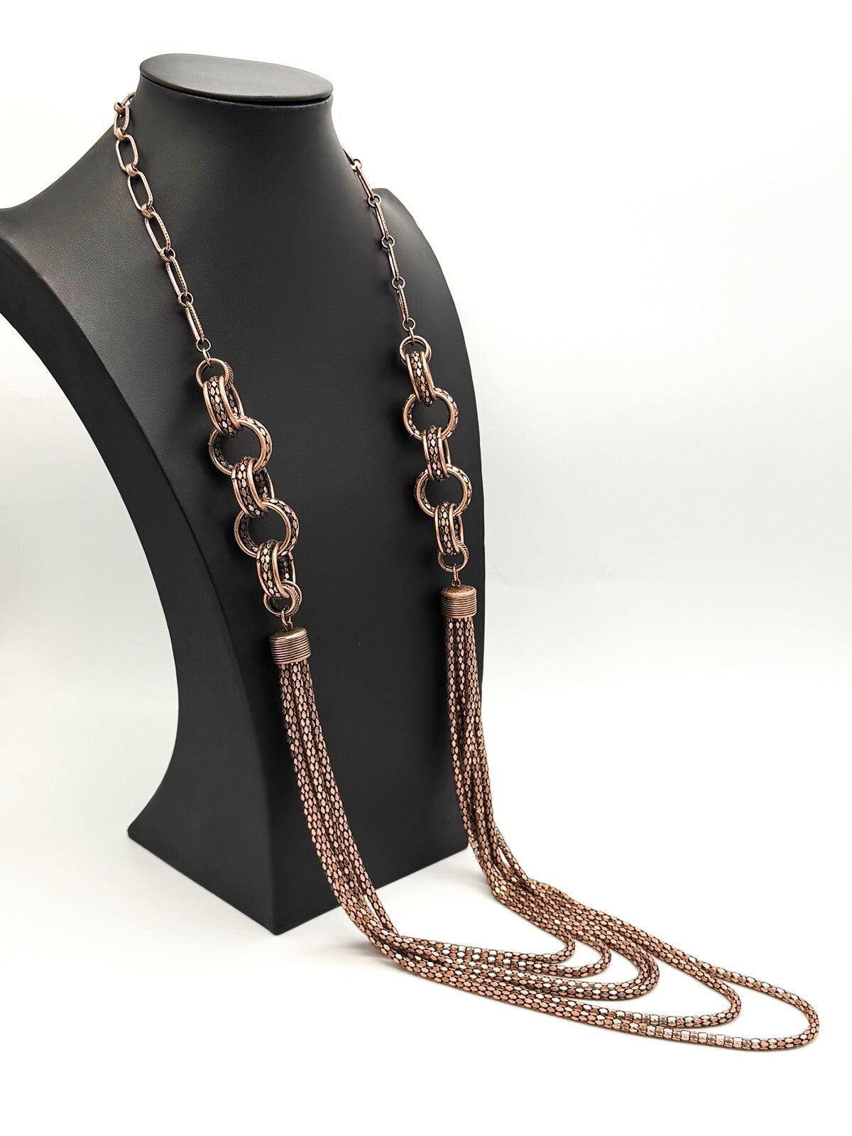 Bronze Tone Multi-Chain Statement Necklace – Paperclip & Mesh Layers, 37”