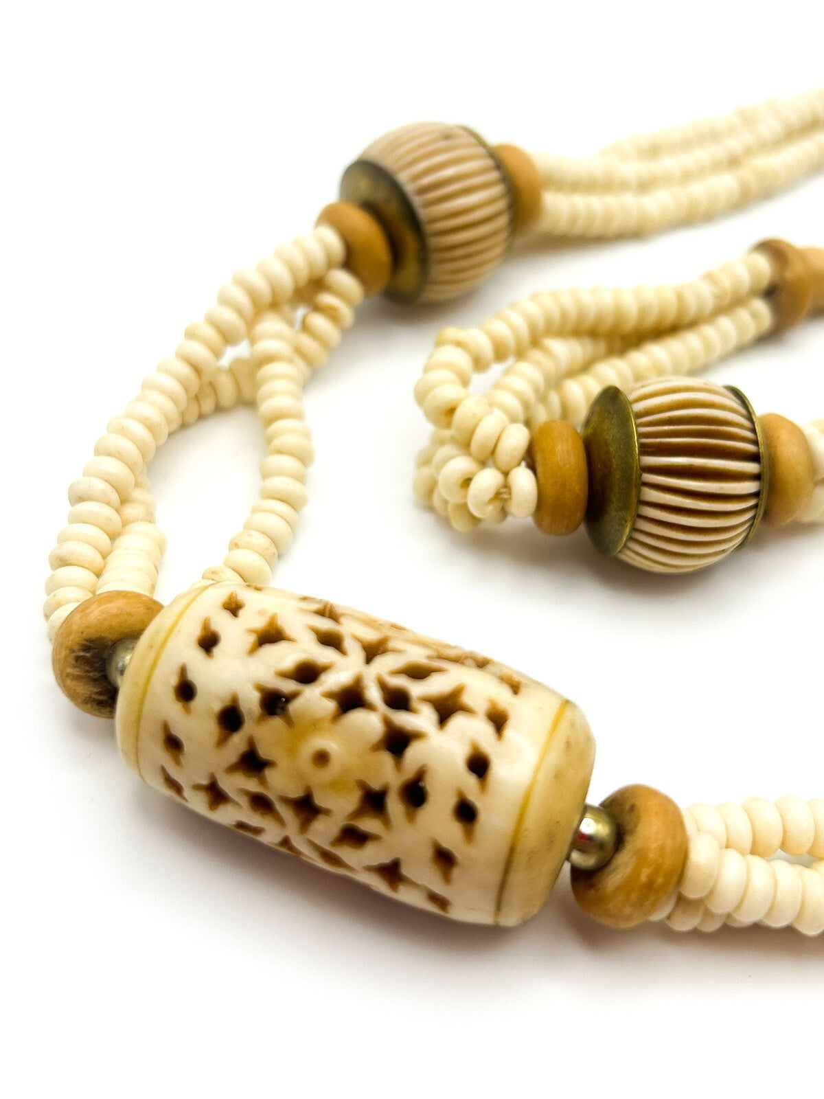 Vintage Carved Organic Material Triple Strand Necklace (Late 1970s–Early 1980s)