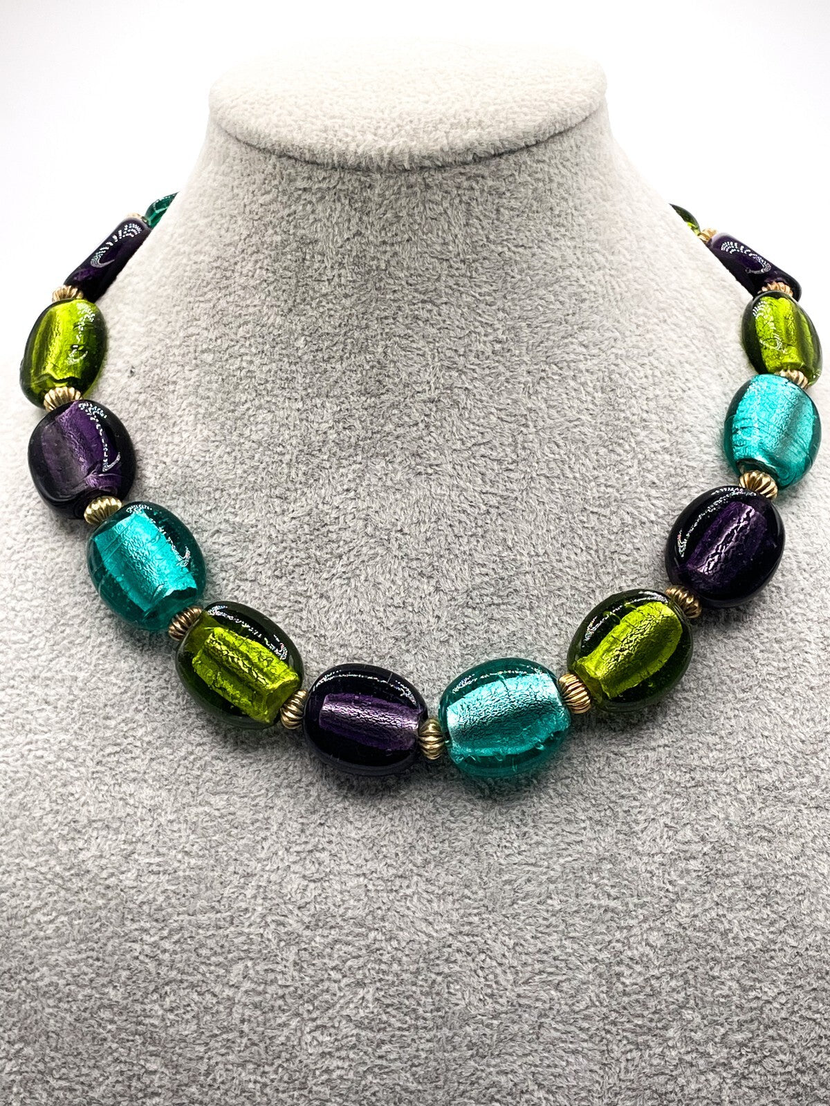 Chunky Dichroic Foil Glass Statement Beaded Necklace Y2K Green Purple Turquoise