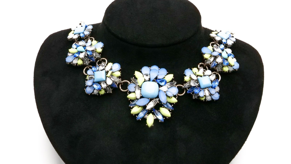 Art Deco Style Cascade Statement Necklace – Blue & Green Floral
