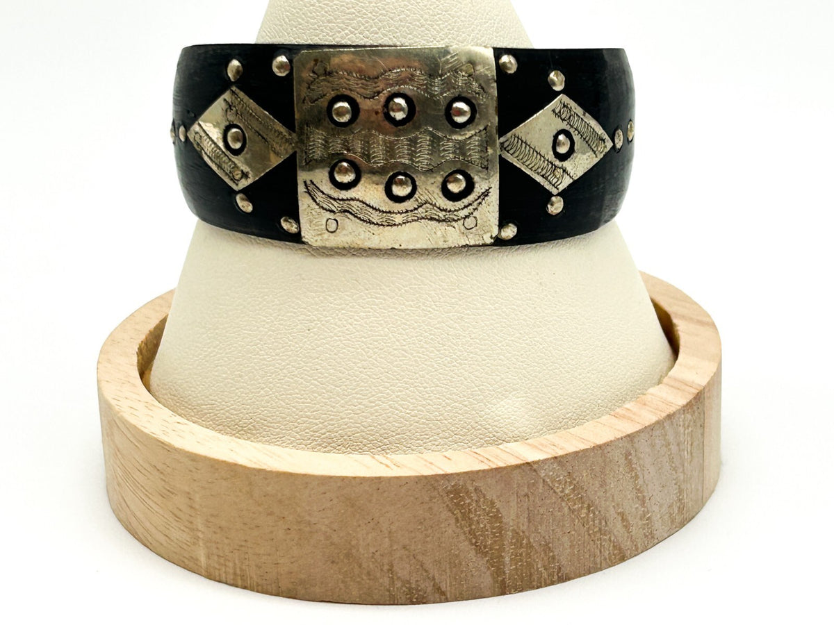 Vintage Tuareg Tribal Cuff Bracelet Organic Material & Silver Tone Etched Ethnic