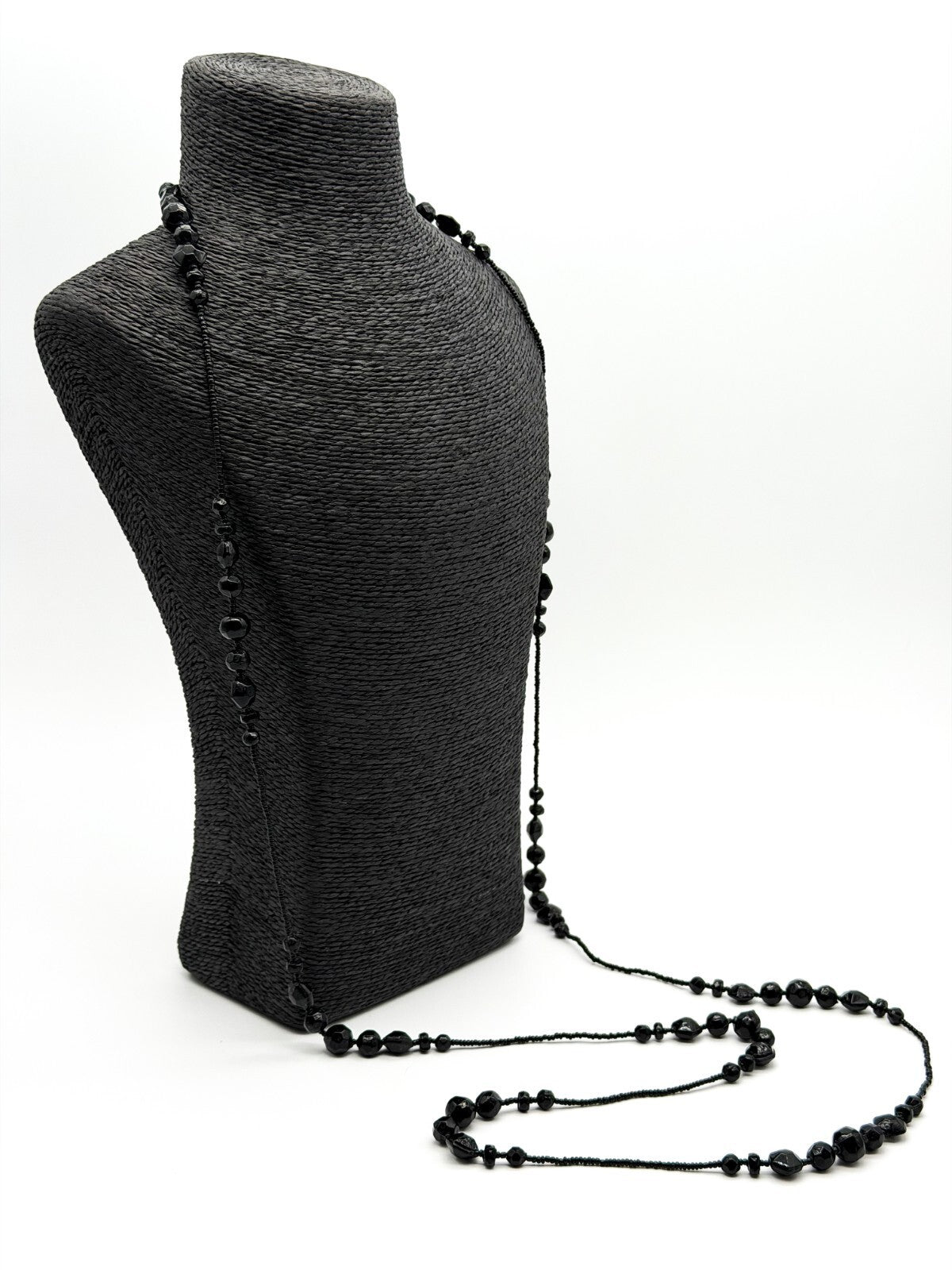 Vintage Black Glass Bead Long Necklace 30” Continuous Statement Strand