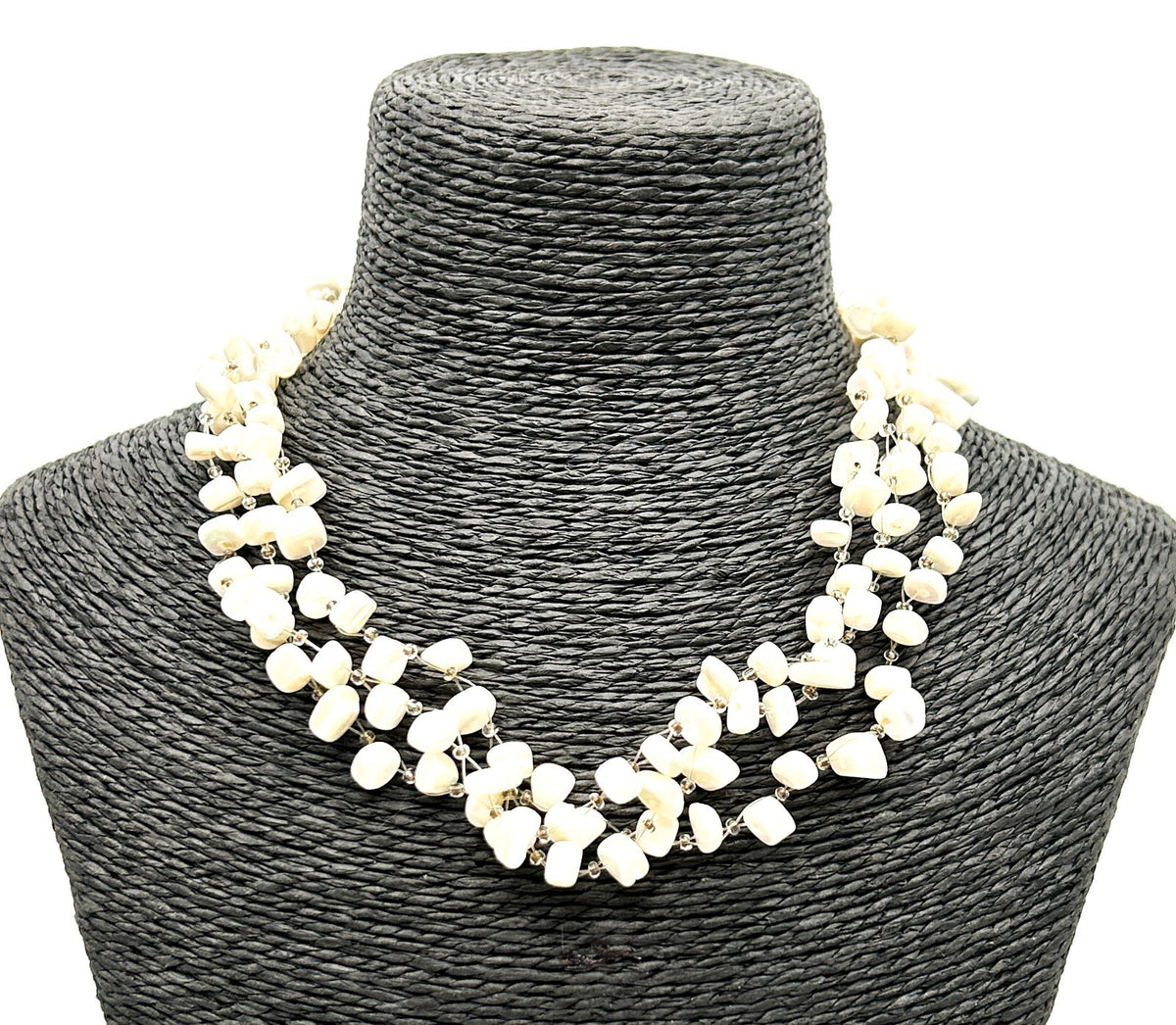 Vintage Mother Of Pearl Multi Strand Illusion Necklace Cream Shell Floating Chip