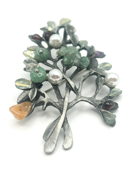 Pewter Leaf Tree Branch Gemstone Brooch - Aventurine, Faux pearl, Amethyst