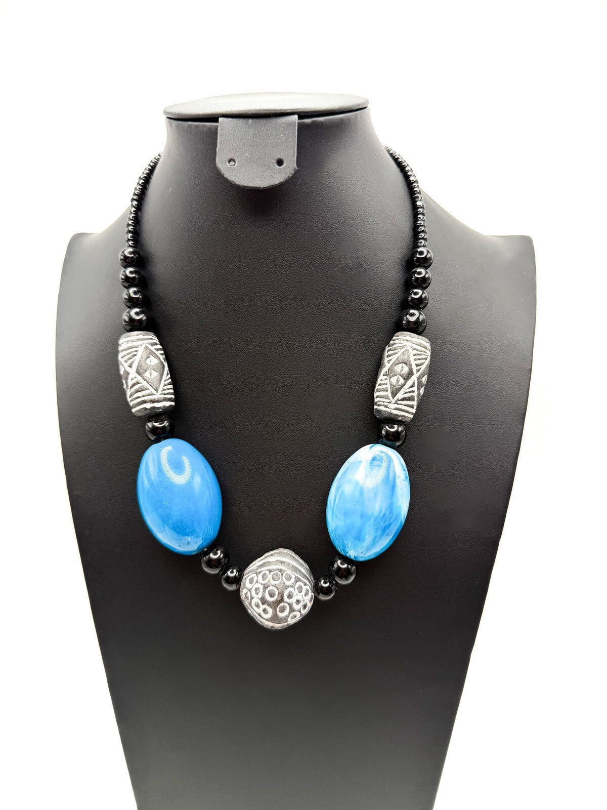 Chunky Vintage Carved Clay and Blue Marble-effect Swirl Beaded Necklace - 20"
