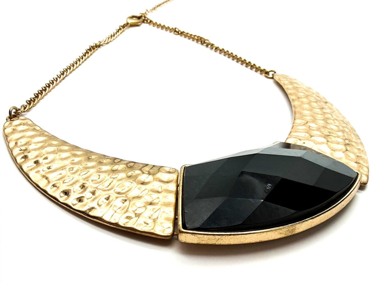 Gold Tone Hammered Collar Necklace with Black Faceted Acrylic Panel 13.5”
