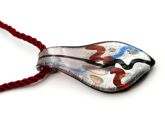 Murano Style Art Glass Pendant Necklace Red Blue Silver Abstract Foil Red Cord