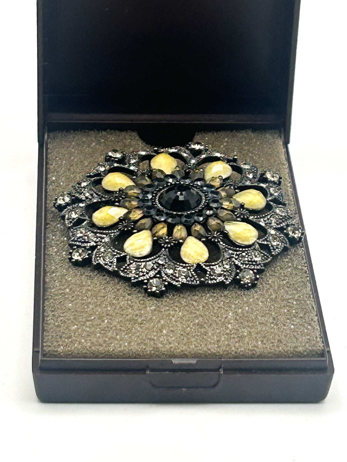 Ornate Gunmetal Floral Rhinestone Vintage Brooch with Lemon Cabochons – 6cm