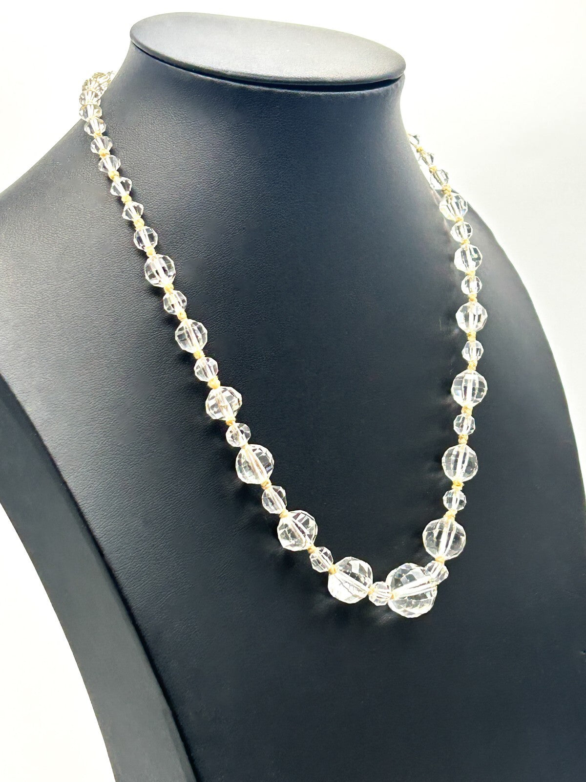 Graduated Clear Crystal Glass Bead Necklace with Faceted Round & Bicone Beads