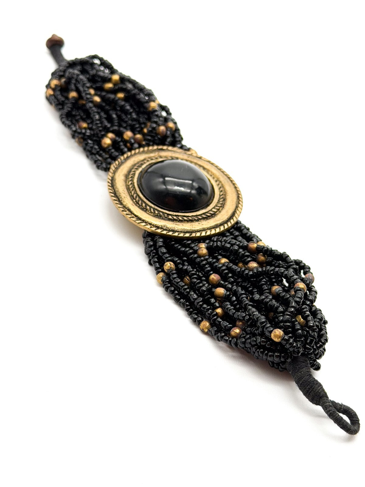 Vintage Chunky Black Seed Bead Bracelet Gold Tone Cabochon Statement Wide Cuff