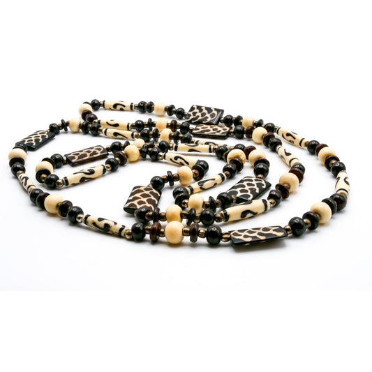 Batik-Style Beaded Long Necklace – Hand-Carved & Dyed Beads, Boho