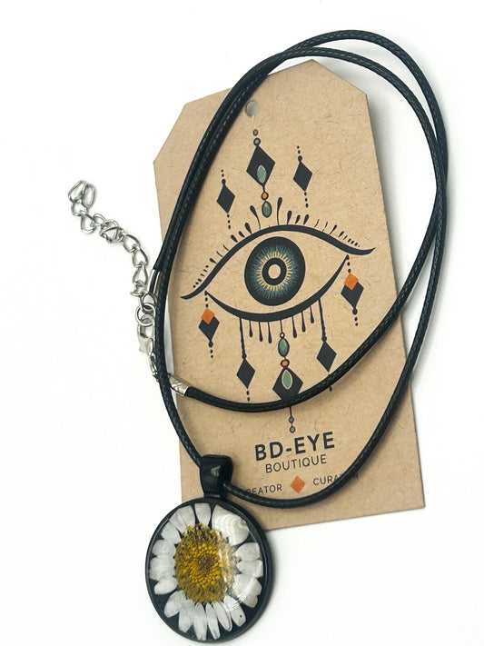 New Resin Daisy Pendant Necklace on New Black Cord - Dried Flower Pendant