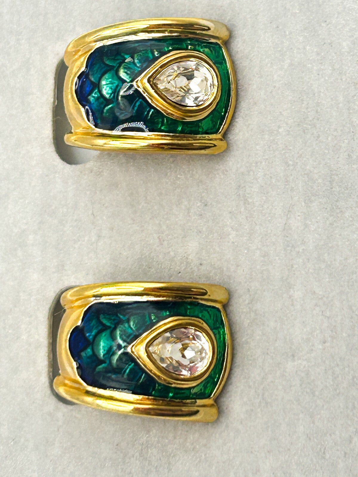 Vintage Cabouchon Angel Fish Brooch & Earrings Set Green Enamel Rhinestone NOC