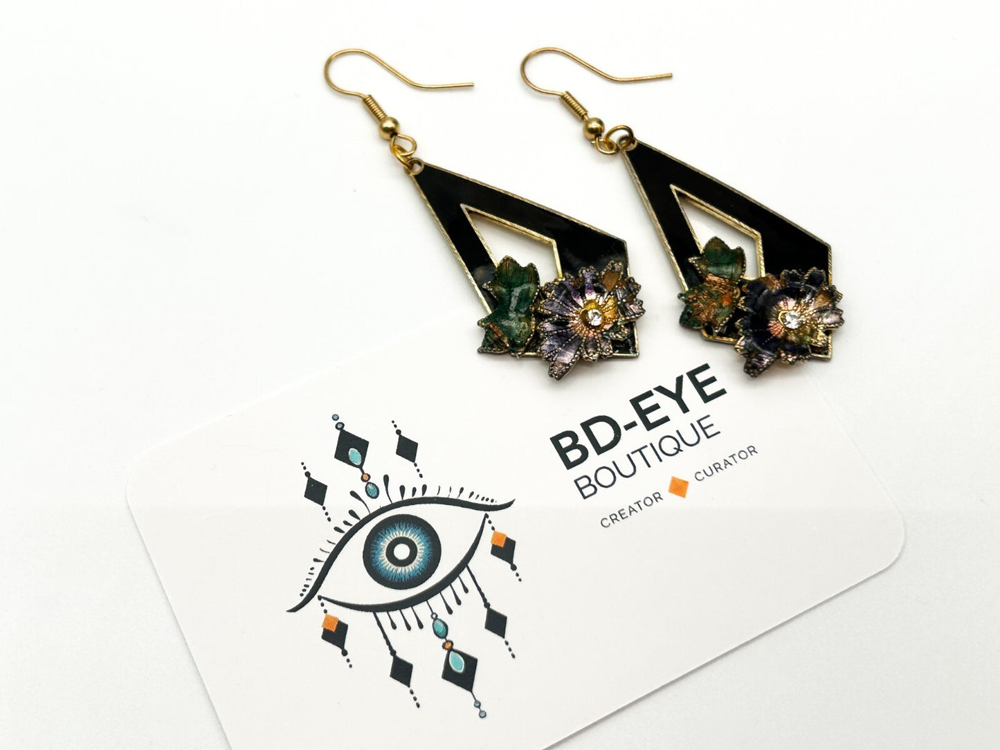 Vintage Cloisonné Floral Geometric Drop Earrings Rhinestone Detail Black Green