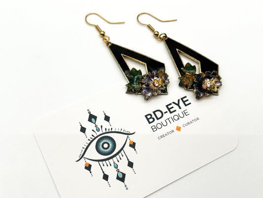 Vintage Cloisonné Floral Geometric Drop Earrings Rhinestone Detail Black Green
