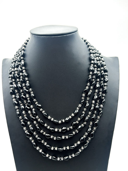 Vintage 5 Strand Black & Clear Glass Beaded Statement Necklace Heavy Layered