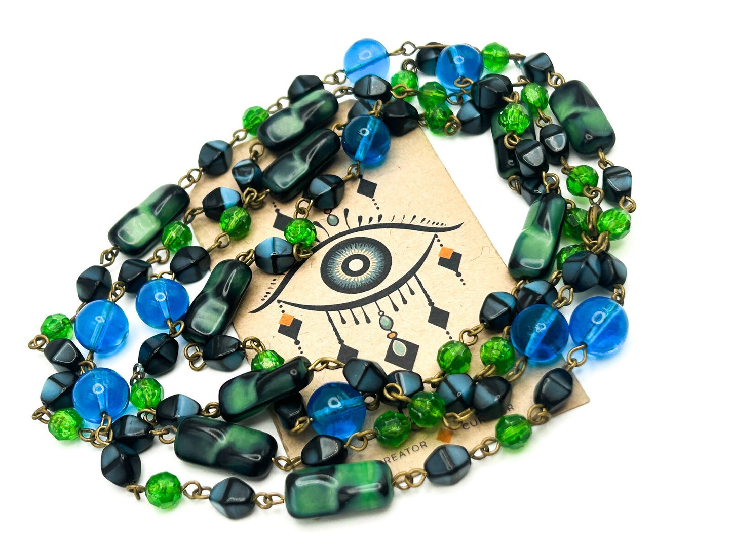 Vintage Blue and Green Glass and Acrylic Long Beaded Necklace