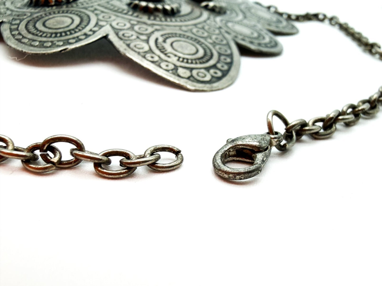 Silver Tone Ornate Ethnic Style Bib Necklace with Semi-Precious Agate Cabochons