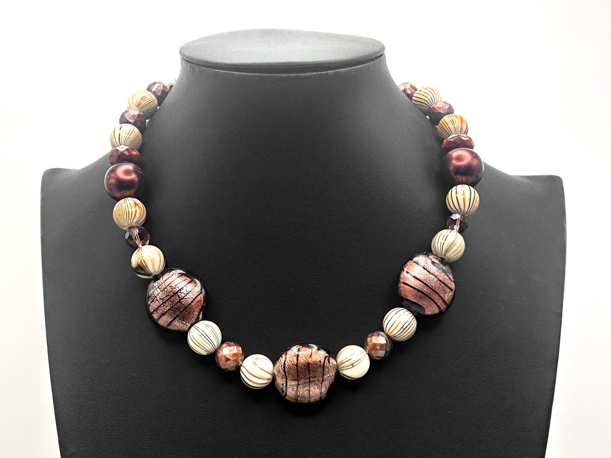 Purple Mauve Foil Art Glass & Agate-Effect Disc Bead Necklace – 16.5”