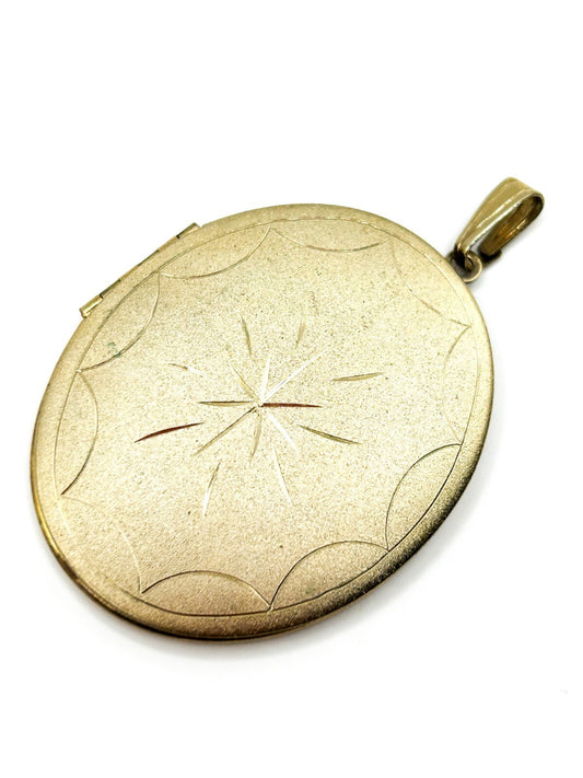 Vintage Gold Tone Oval Photo Locket Pendant Large Etched Starburst 6cm
