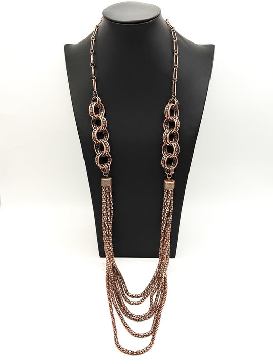 Bronze Tone Multi-Chain Statement Necklace – Paperclip & Mesh Layers, 37”