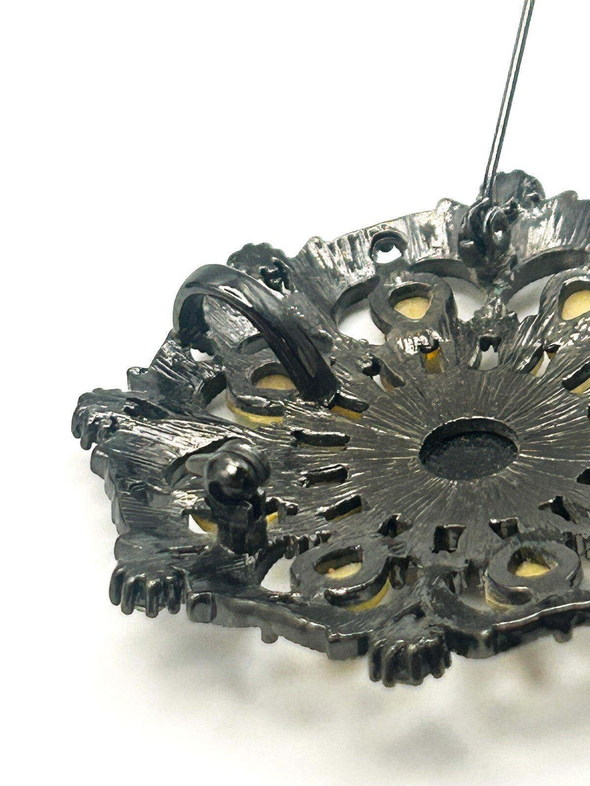 Ornate Gunmetal Floral Rhinestone Vintage Brooch with Lemon Cabochons – 6cm