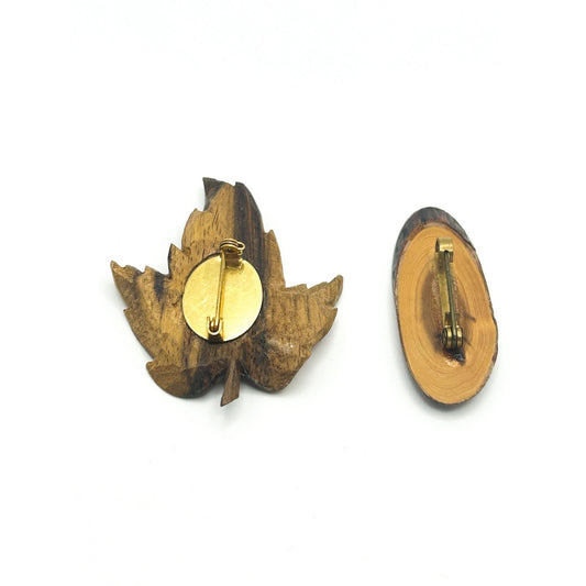 Wood Brooch Duo - Carved Leaf and Smooth Knot Slice