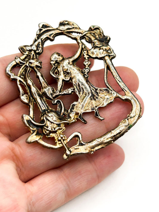 Vintage Art Nouveau Revival Lady Brooch Figural Woman Floral Openwork Gold Tone