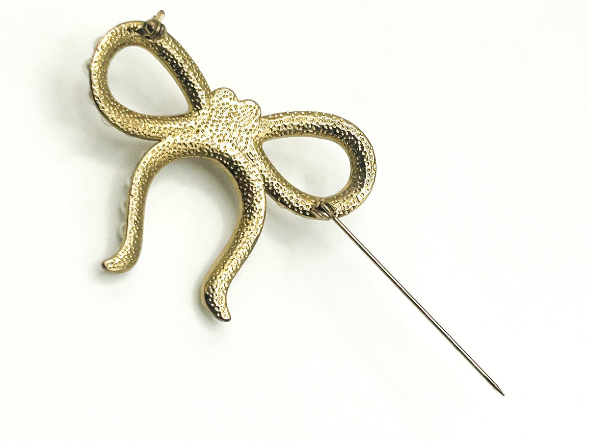 Vintage Faux Pearl Gold Tone Bow Brooch – 6cm
