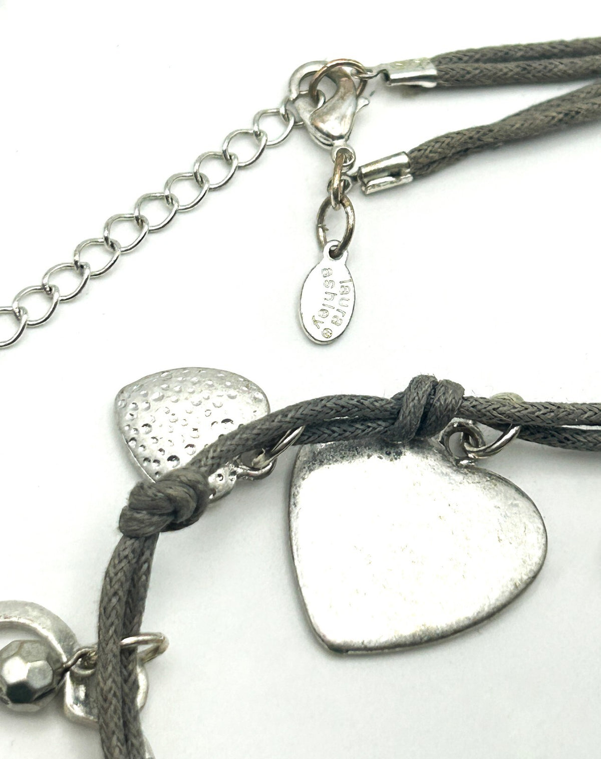 Laura Ashley Silver Tone Heart Charm Necklace on Grey Cord Love Hearts Long