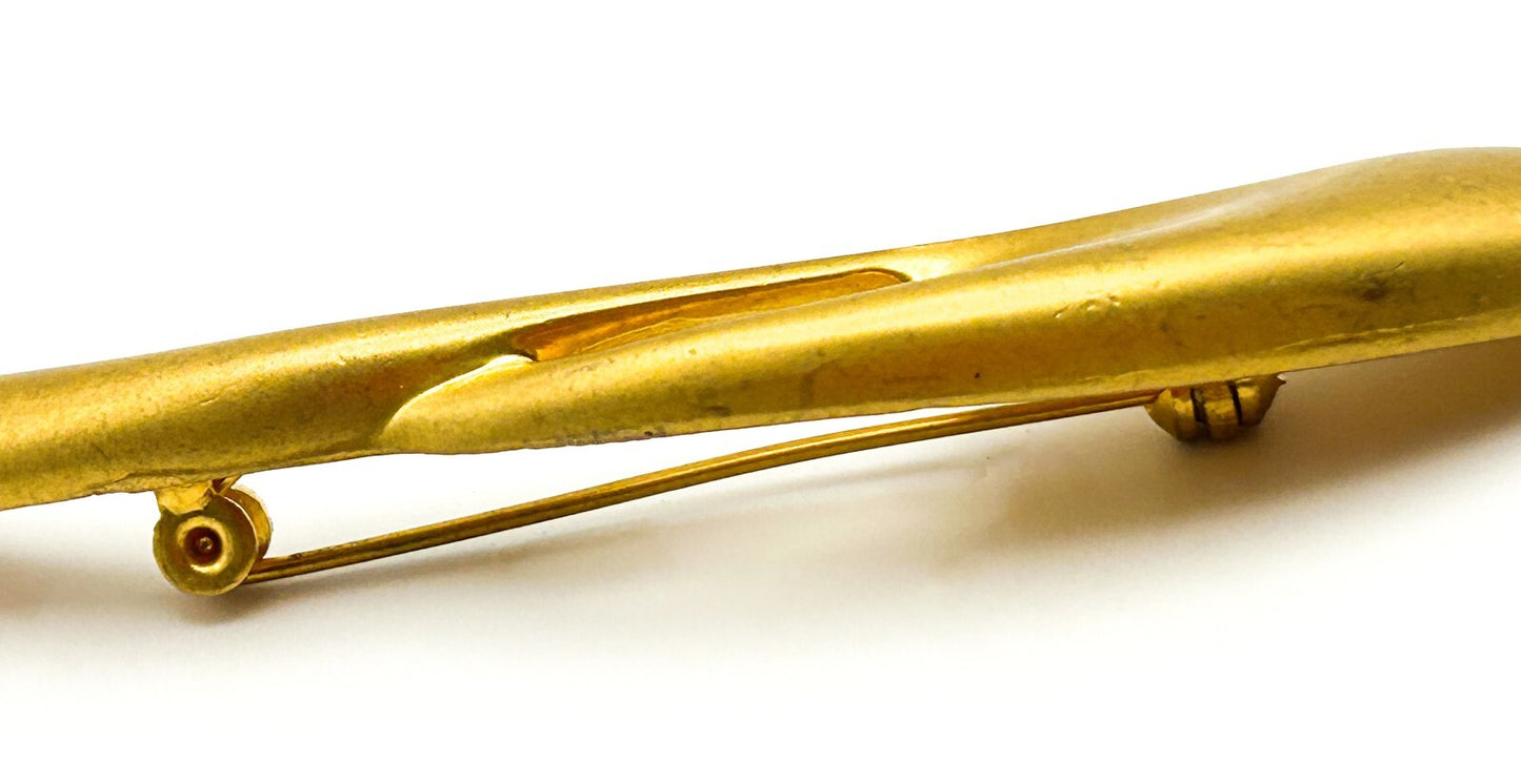 Gold Tone Abstract Sculptural Brooch with Brushed Finish