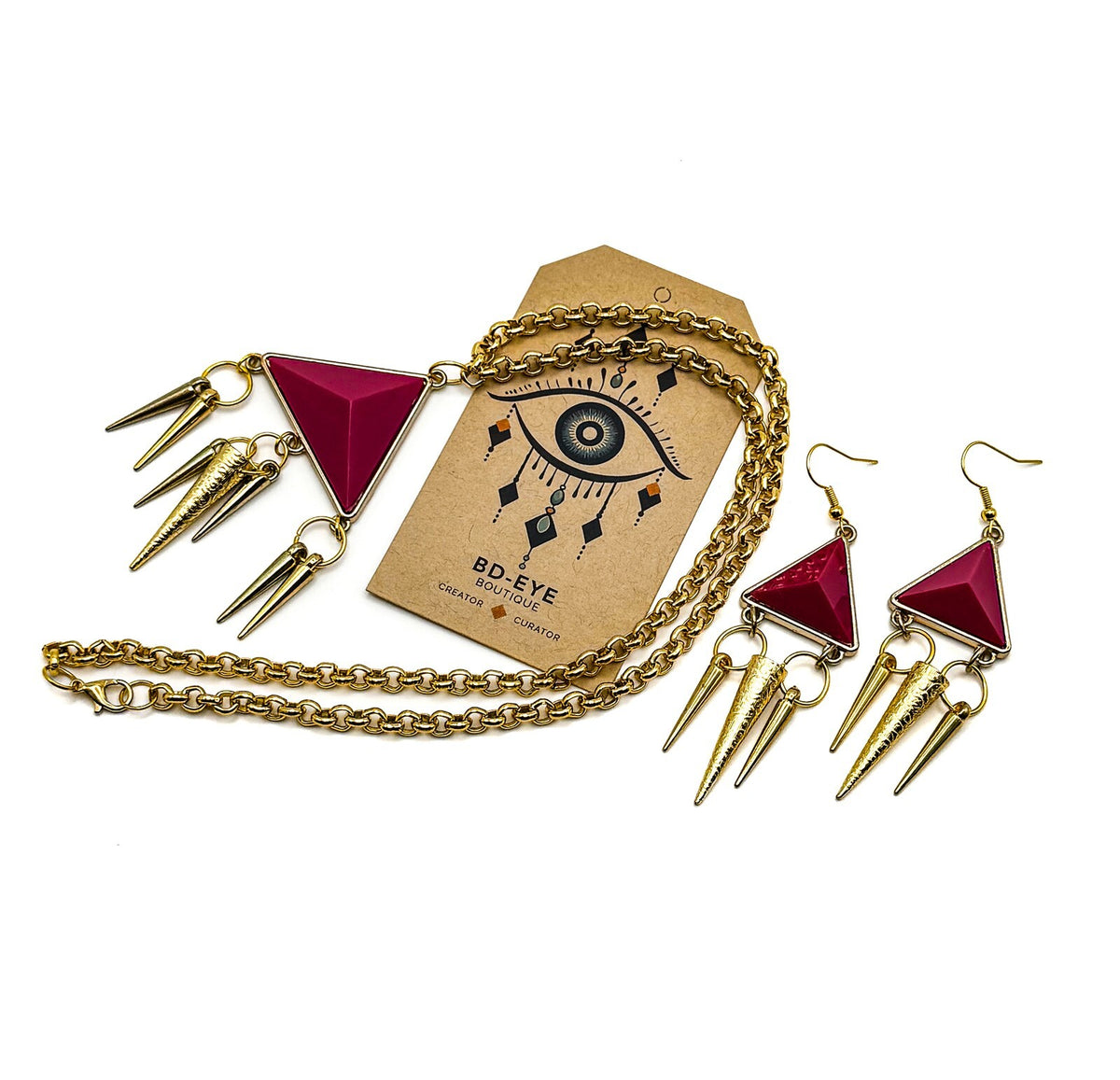 Hot Pink Geometric Pyramid & Spikes Necklace  Earrings Set - Original Re-design